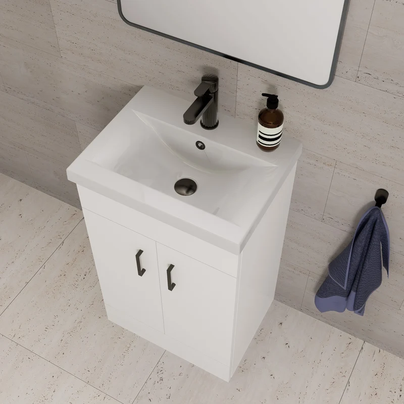 Lomond 500mm Gloss White Floorstanding Vanity Unit With Ceramic Basin - Matt Black Handles & Overflow Cover