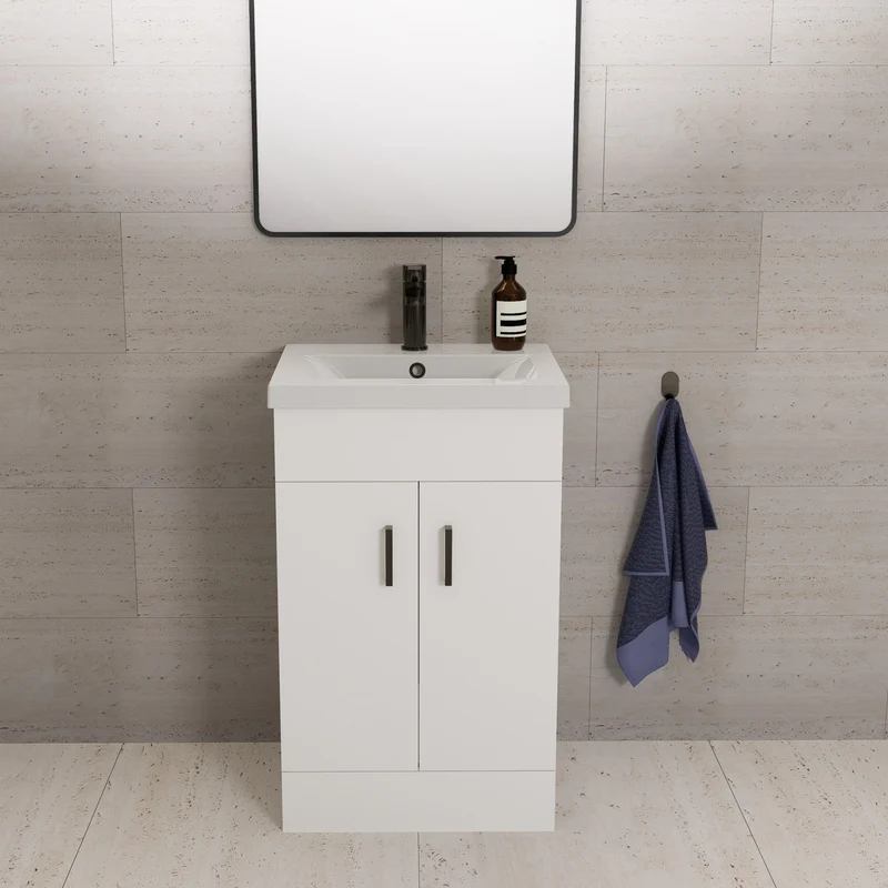 Lomond 500mm Gloss White Floorstanding Vanity Unit With Ceramic Basin - Matt Black Handles & Overflow Cover