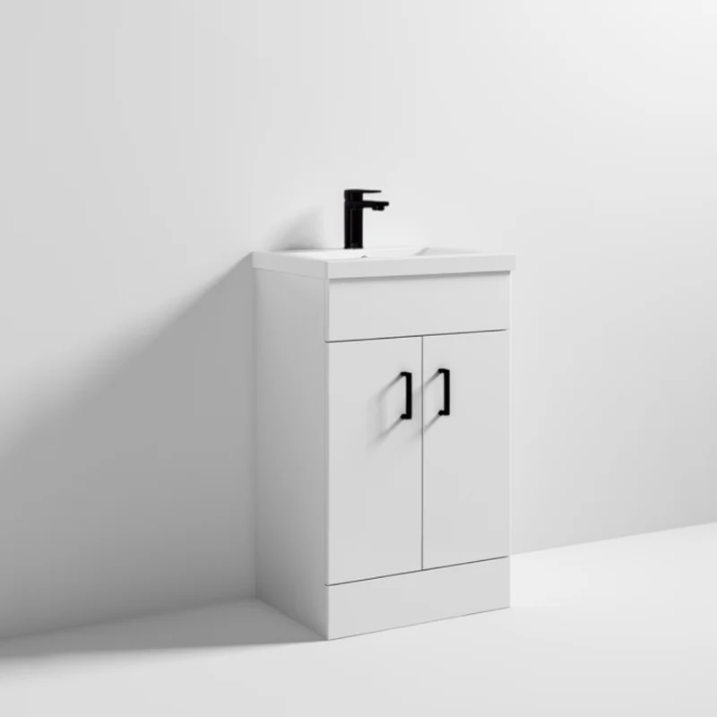 Lomond 500mm Gloss White Floorstanding Vanity Unit With Ceramic Basin - Matt Black Handles & Overflow Cover