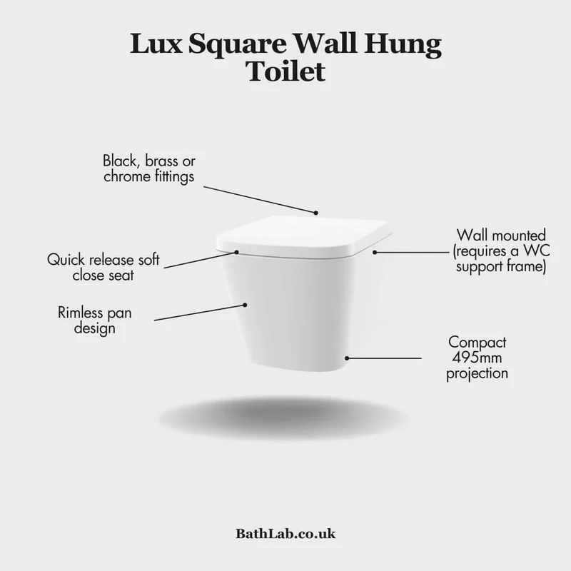 Lux Square Rimless Wall Hung Toilet & Soft Close Seat - Matt Black Fittings