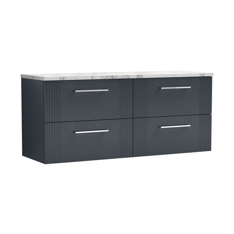 Nuie Deco 1200 Wall Hung 4-drawer Vanity & Laminate Worktop Contemporary Soft Black MFC Painted Gloss 545x1215x455mm - DPF1493LCM2
