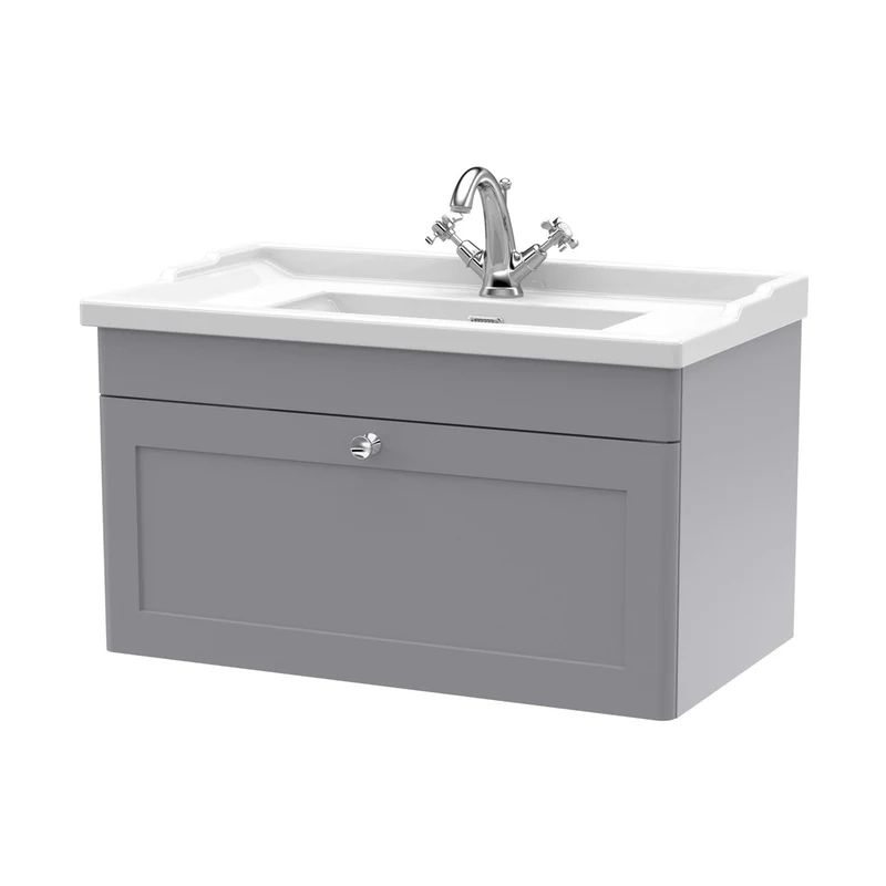 Nuie Classique 800mm Wall Hung 1 Drawer Vanity & Basin 1th Traditional Satin Grey MFC Painted Matt 489x820x480mm