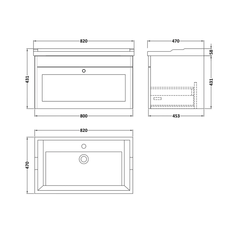 Nuie Classique 800mm Wall Hung 1 Drawer Vanity & Basin 1th Traditional Satin Grey MFC Painted Matt 489x820x480mm