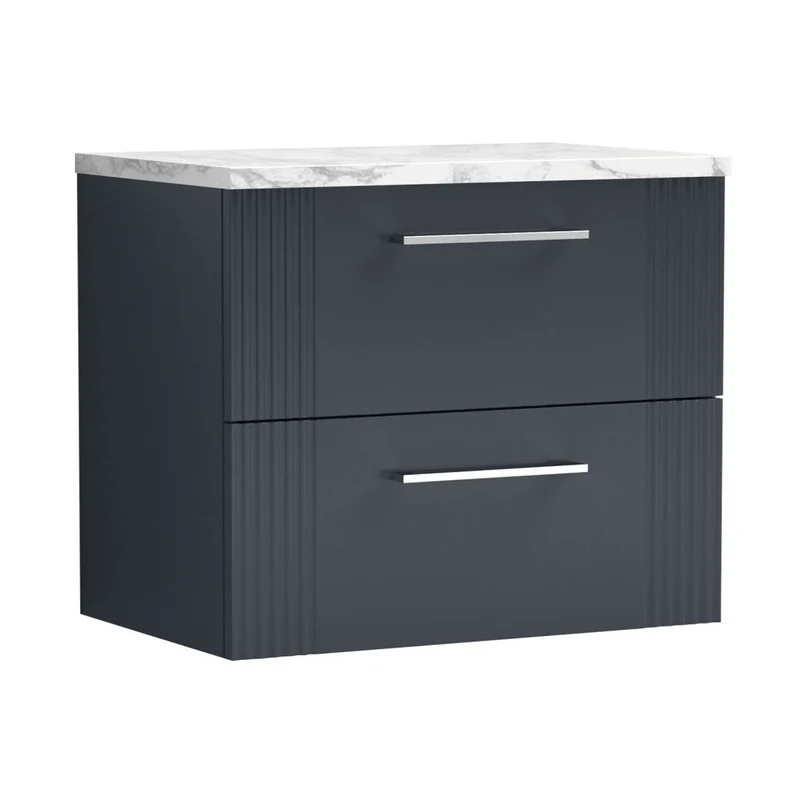 Nuie Deco 600 Wall Hung 2-drawer Vanity & Laminate Worktop Contemporary Soft Black MFC Painted Gloss 522x605x390mm