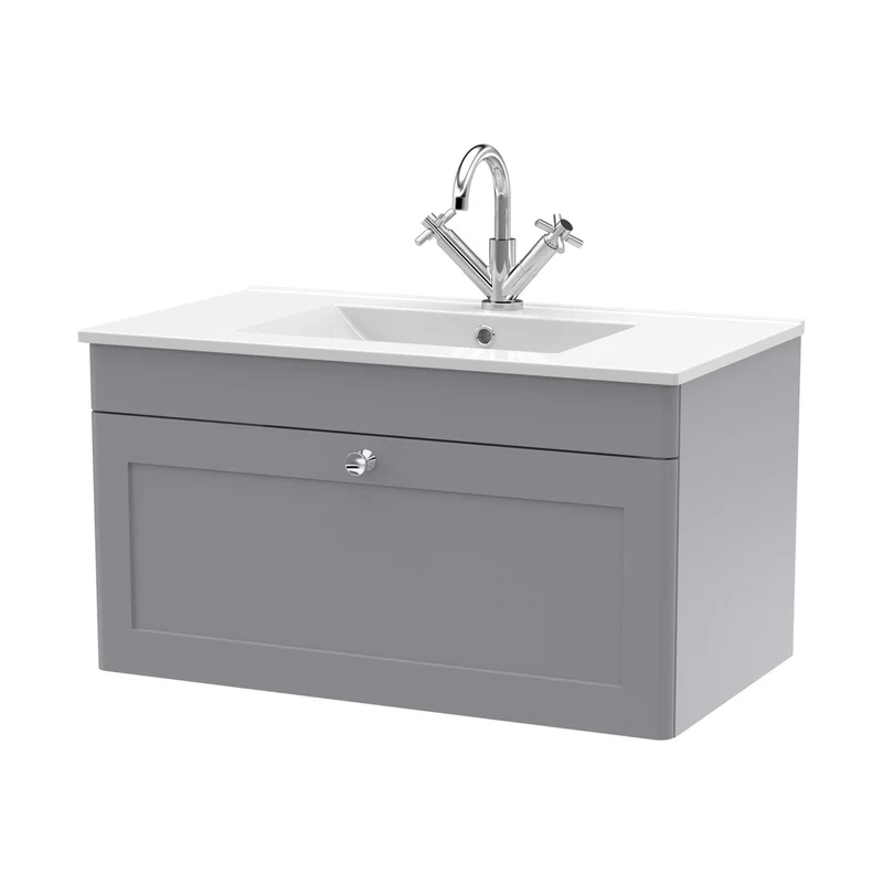 Nuie Classique 800mm Wall Hung Single Drawer Vanity With Basin - 1 Tap Hole Traditional Satin Grey Vitreous China 449x805x460mm