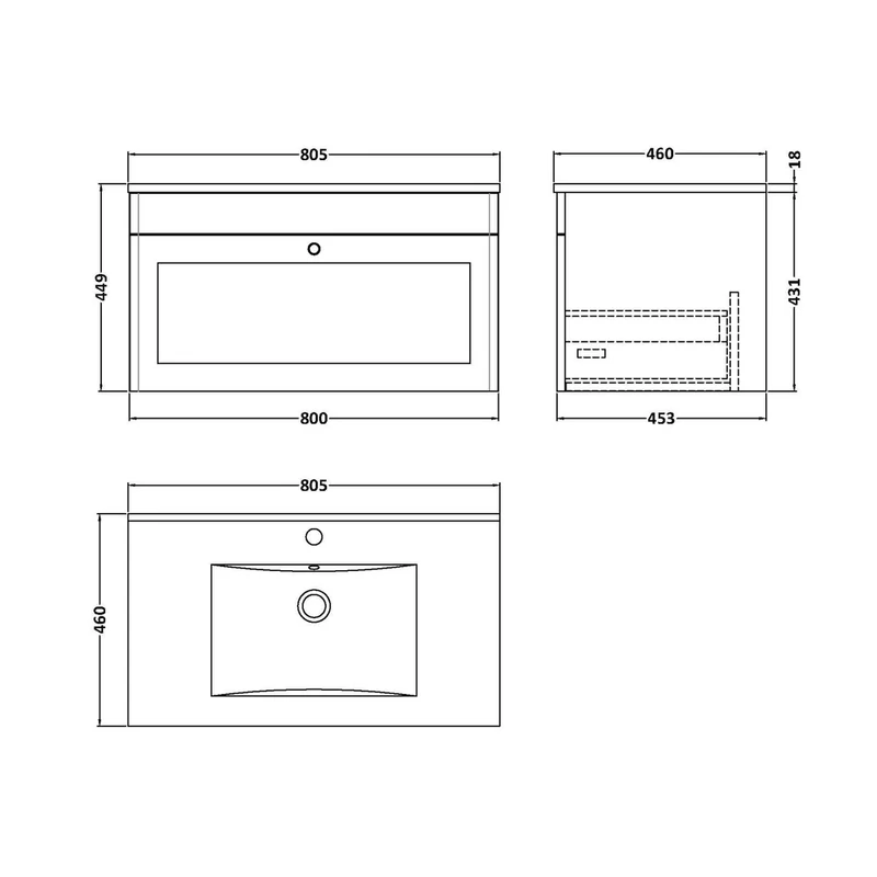 Nuie Classique 800mm Wall Hung Single Drawer Vanity With Basin - 1 Tap Hole Traditional Satin Grey Vitreous China 449x805x460mm