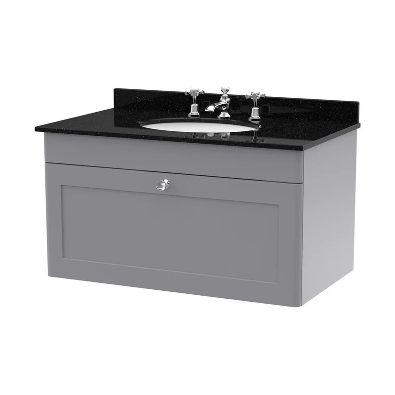 Nuie Classique 800mm Wall Hung 1 Drawer Vanity & Marble Top 3th Traditional Satin Grey MFC Painted Matt 445x820x463mm - CLC296BR3