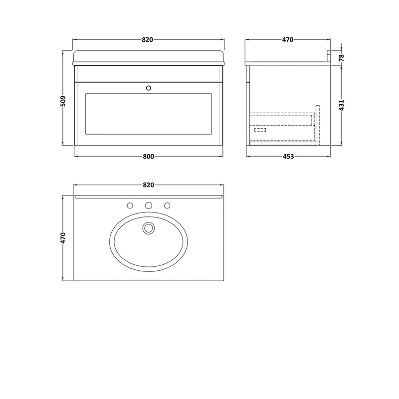 Nuie Classique 800mm Wall Hung 1 Drawer Vanity & Marble Top 3th Traditional Satin Grey MFC Painted Matt 445x820x463mm - CLC296BR3