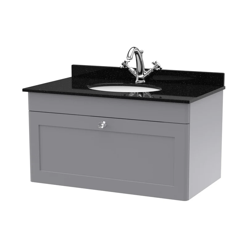 Nuie Classique 800mm Wall Hung 1 Drawer Vanity & Marble Top 1th Traditional Satin Grey MFC Painted Matt 445x820x463mm - CLC296BR1