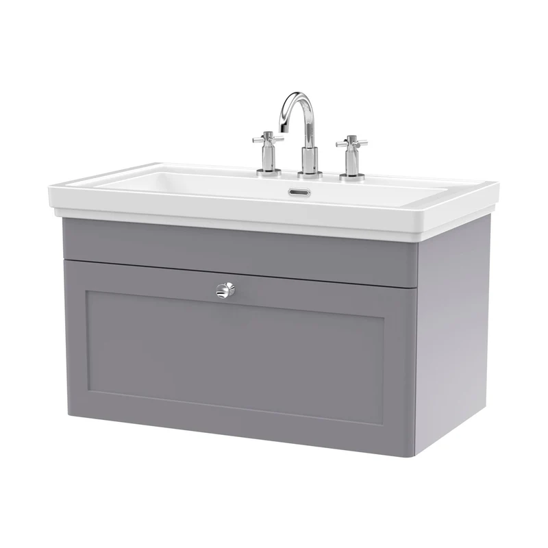 Nuie Classique 800mm Wall Hung 1-drawer Vanity & Basin 3th Traditional Satin Grey MFC Painted Matt 496x830x470mm