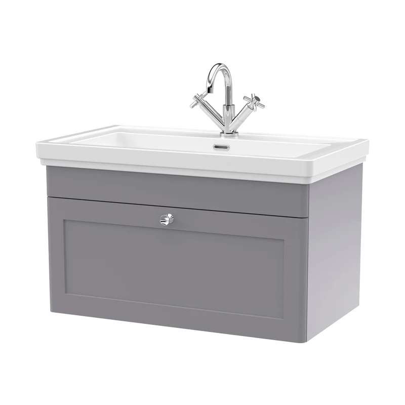 Nuie Classique 800mm Wall Hung 1-drawer Vanity & Basin 1th Traditional Satin Grey MFC Painted Matt 496x830x470mm