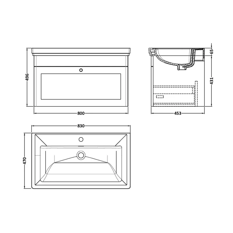 Nuie Classique 800mm Wall Hung 1-drawer Vanity & Basin 1th Traditional Satin Grey MFC Painted Matt 496x830x470mm