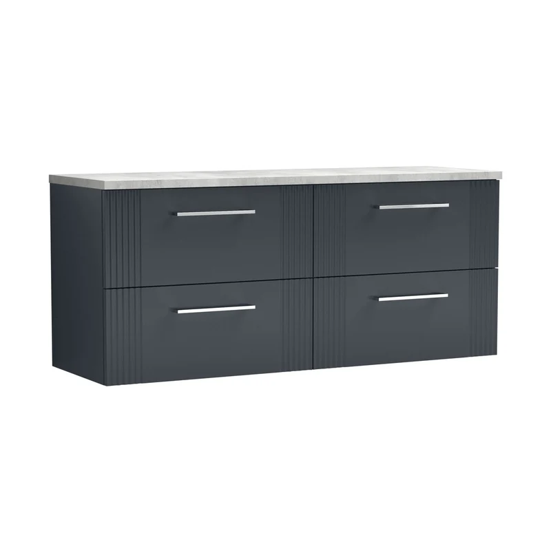 Nuie Deco 1200 Wall Hung 4-drawer Vanity & Laminate Worktop Contemporary Soft Black MFC Painted Gloss 545x1215x455mm - DPF1493LBG2