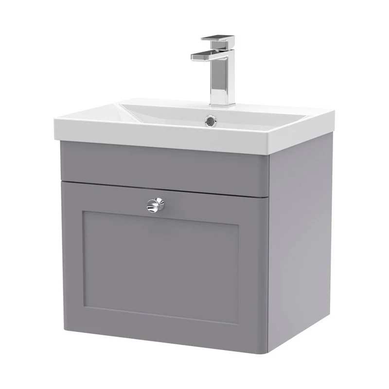 Nuie Classique 500mm Wall Hung 1 Drawer Vanity & Basin 3 Traditional Satin Grey MFC Painted Matt 481x510x395mm