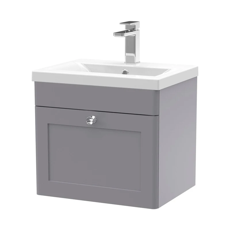 Nuie Classique 500mm Wall Hung 1 Drawer Vanity & Basin 1 Traditional Satin Grey MFC Painted Matt 471x510x390mm