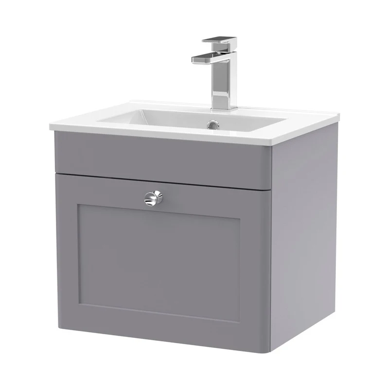 Nuie Classique 500mm Wall Hung 1 Drawer Vanity & Basin 2 Traditional Satin Grey MFC Painted Matt 449x500x390mm