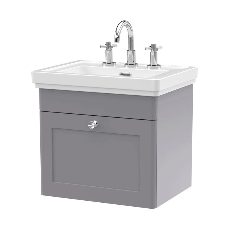Nuie Classique 500mm Wall Hung 1-drawer Vanity & Basin 3th Traditional Satin Grey MFC Painted Matt 496x531x406mm