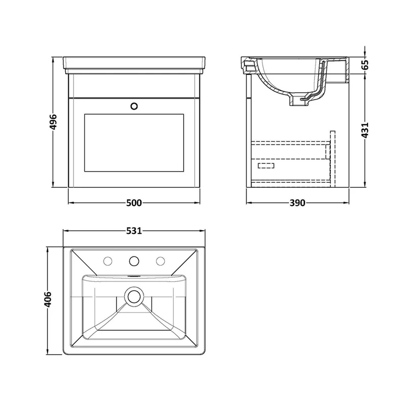 Nuie Classique 500mm Wall Hung 1-drawer Vanity & Basin 3th Traditional Satin Grey MFC Painted Matt 496x531x406mm