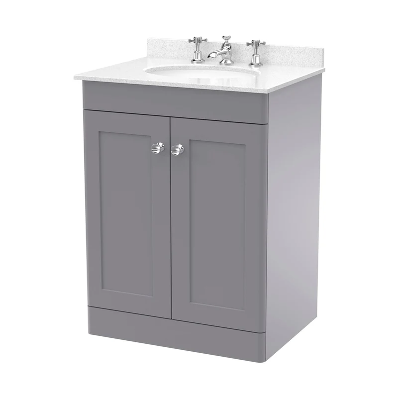 Nuie Classique 600mm Floor Standing 2 Door Vanity & Marble Top 3th Traditional Satin Grey MFC Painted Matt 814x620x463mm - CLC225WR3