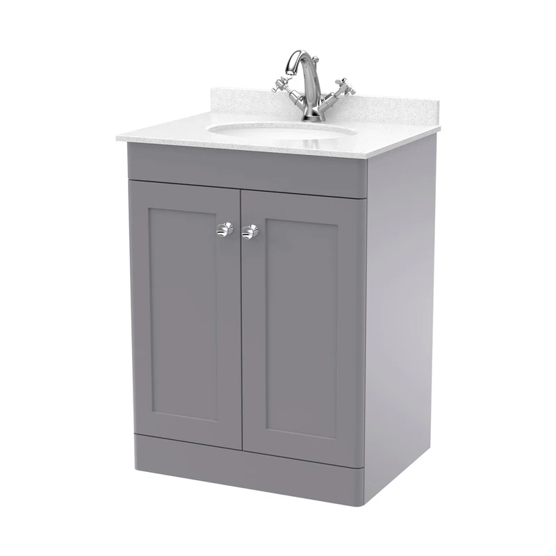 Nuie Classique 600mm Floor Standing 2 Door Vanity & Marble Top 1th Traditional Satin Grey MFC Painted Matt 814x620x463mm - CLC225WR1