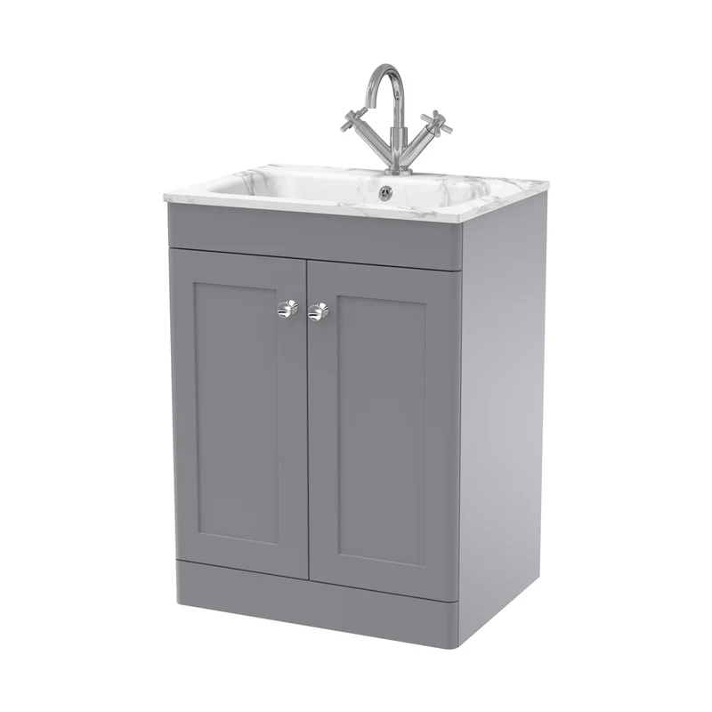 Nuie Classique 600mm Floor Standing 2-door Unit & Stone Basin 1th Traditional Satin Grey MFC Painted Matt,stone 816x610x470mm - CLC225Q