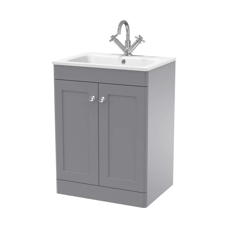 Nuie Classique 600mm Floor Standing 2-door Unit & Stone Basin 1th Traditional Satin Grey MFC Painted Matt,stone 816x610x470mm - CLC225P