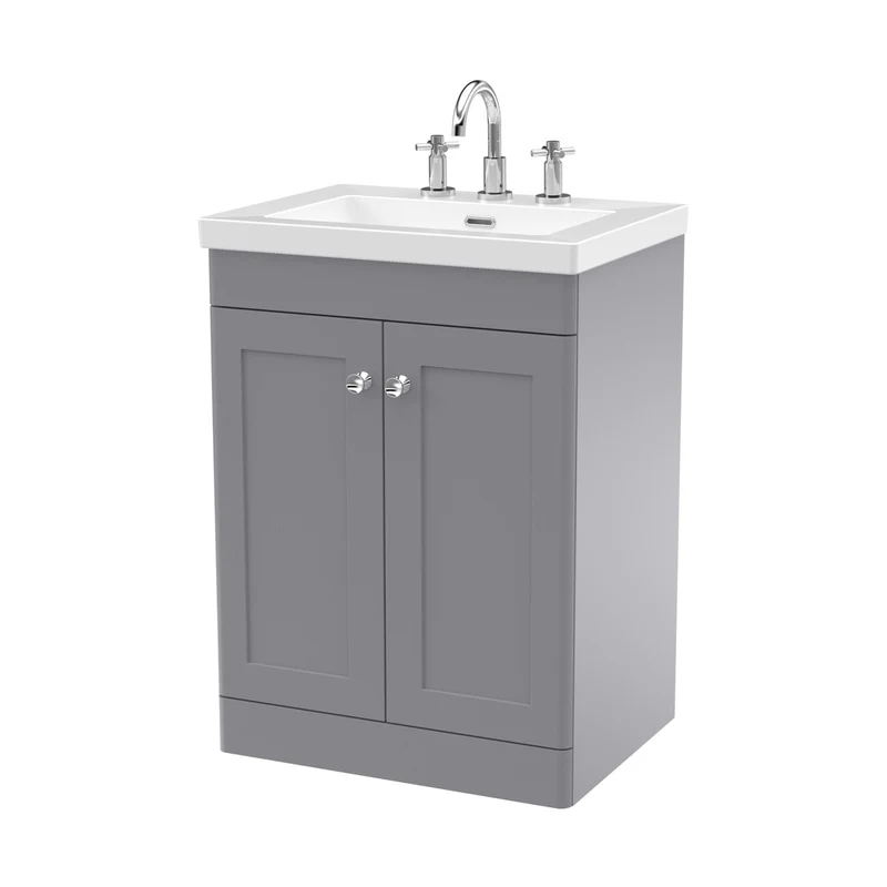 Nuie Classique 600mm Floor Standing 2-door Vanity With Basin - 3 Tap Hole Traditional Satin Grey Fireclay 845x613x462mm