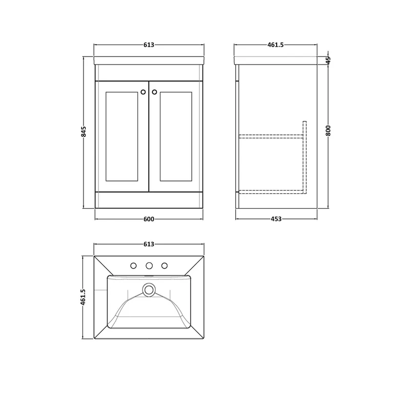 Nuie Classique 600mm Floor Standing 2-door Vanity With Basin - 3 Tap Hole Traditional Satin Grey Fireclay 845x613x462mm