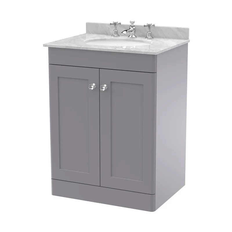 Nuie Classique 600mm Floor Standing 2 Door Vanity & Marble Top 3th Traditional Satin Grey MFC Painted Matt 814x620x463mm - CLC225GR3