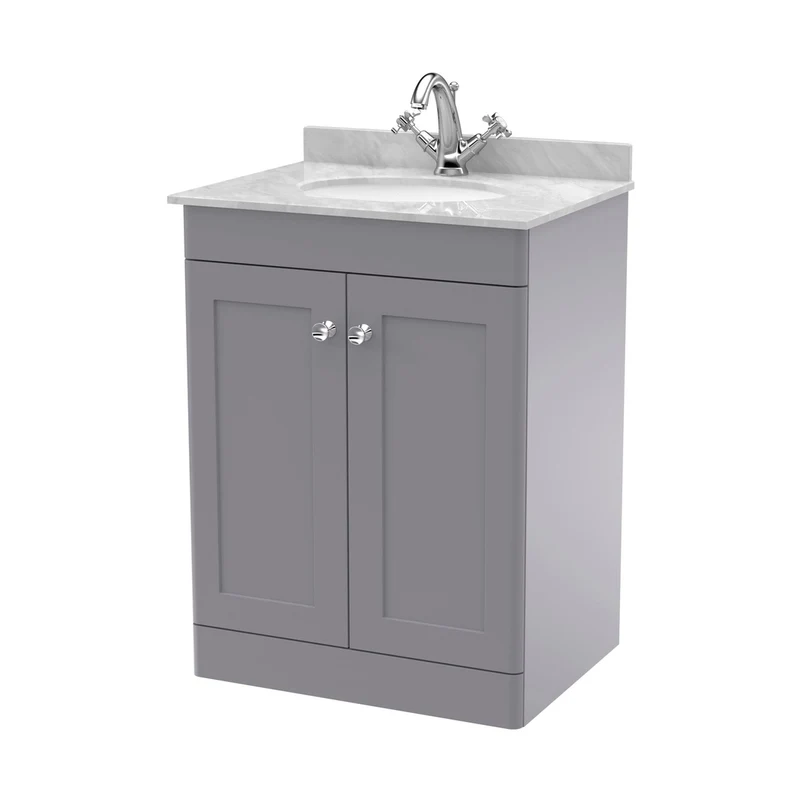 Nuie Classique 600mm Floor Standing 2 Door Vanity & Marble Top 1th Traditional Satin Grey MFC Painted Matt 814x620x463mm - CLC225GR1