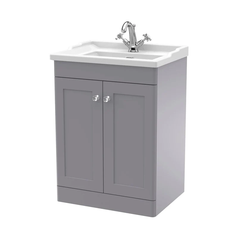 Nuie Classique 600mm Floor Standing 2 Door Vanity & Basin 1th Traditional Satin Grey MFC Painted Matt 858x620x470mm