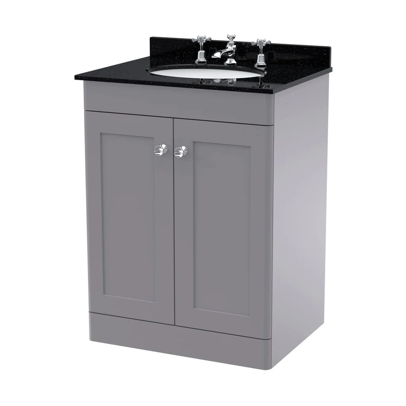 Nuie Classique 600mm Floor Standing 2 Door Vanity & Marble Top 3th Traditional Satin Grey MFC Painted Matt 814x620x463mm - CLC225BR3