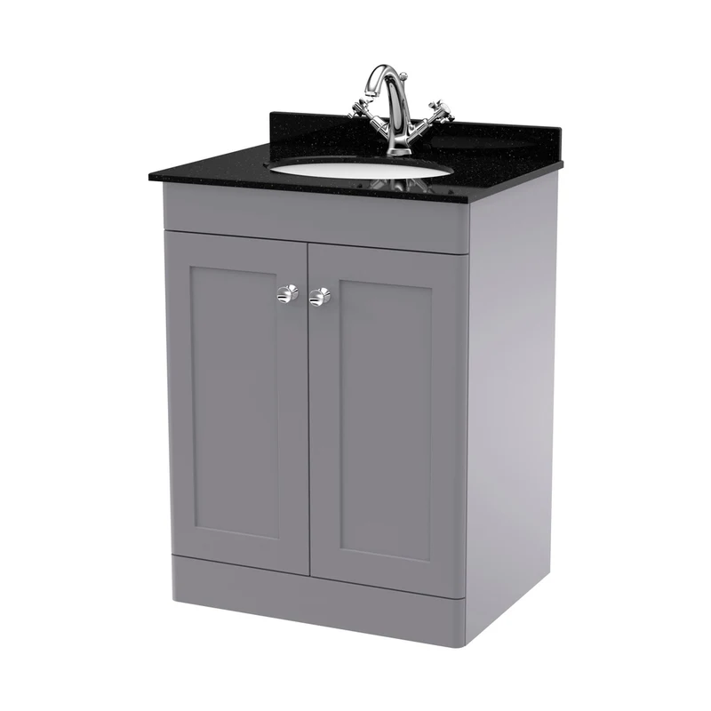 Nuie Classique 600mm Floor Standing 2 Door Vanity & Marble Top 1th Traditional Satin Grey MFC Painted Matt 814x620x463mm - CLC225BR1