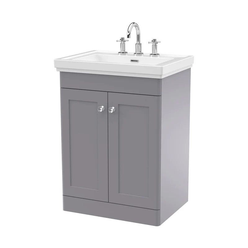 Nuie Classique 600mm Floor Standing 2-door Vanity & Basin 3th Traditional Satin Grey MFC Painted Matt 865x630x471mm