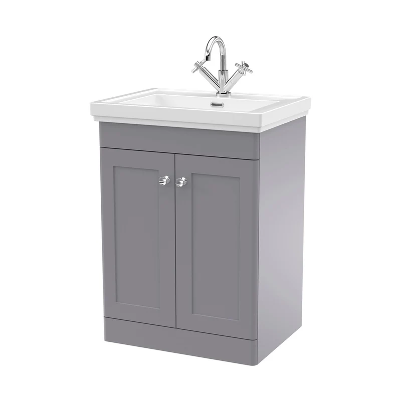 Nuie Classique 600mm Floor Standing 2-door Vanity & Basin 1th Traditional Satin Grey MFC Painted Matt 865x630x471mm