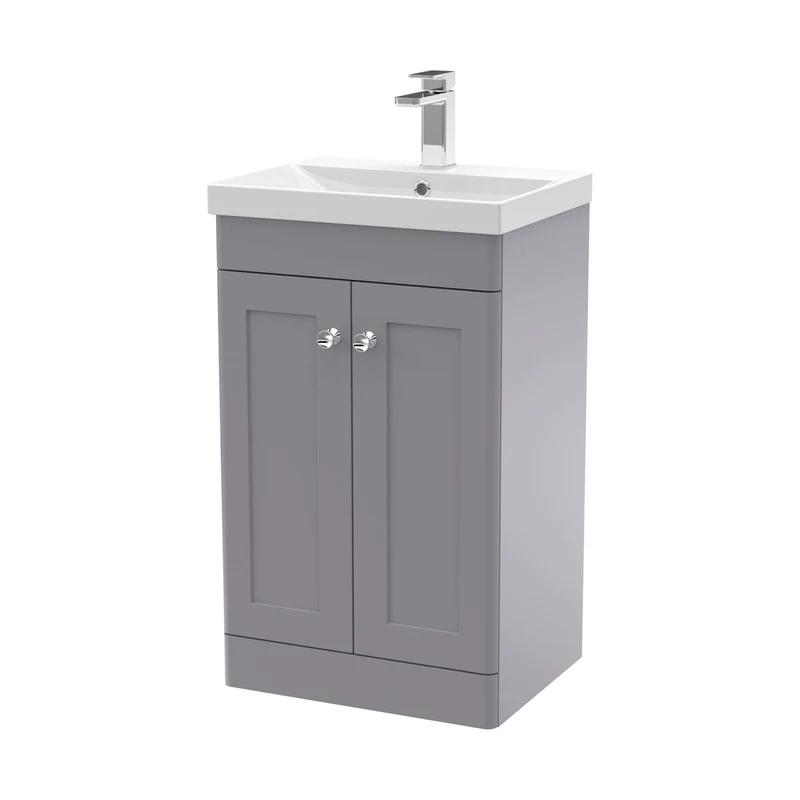 Nuie Classique 500mm Floor Standing 2 Door Vanity & Basin 3 Traditional Satin Grey MFC Painted Matt 850x510x395mm