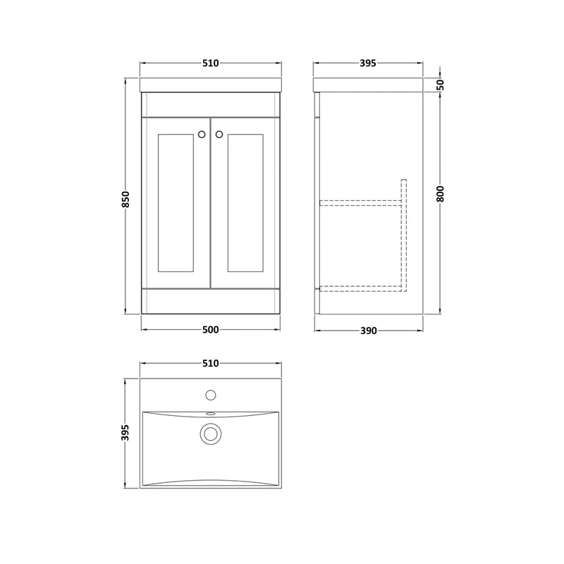 Nuie Classique 500mm Floor Standing 2 Door Vanity & Basin 3 Traditional Satin Grey MFC Painted Matt 850x510x395mm
