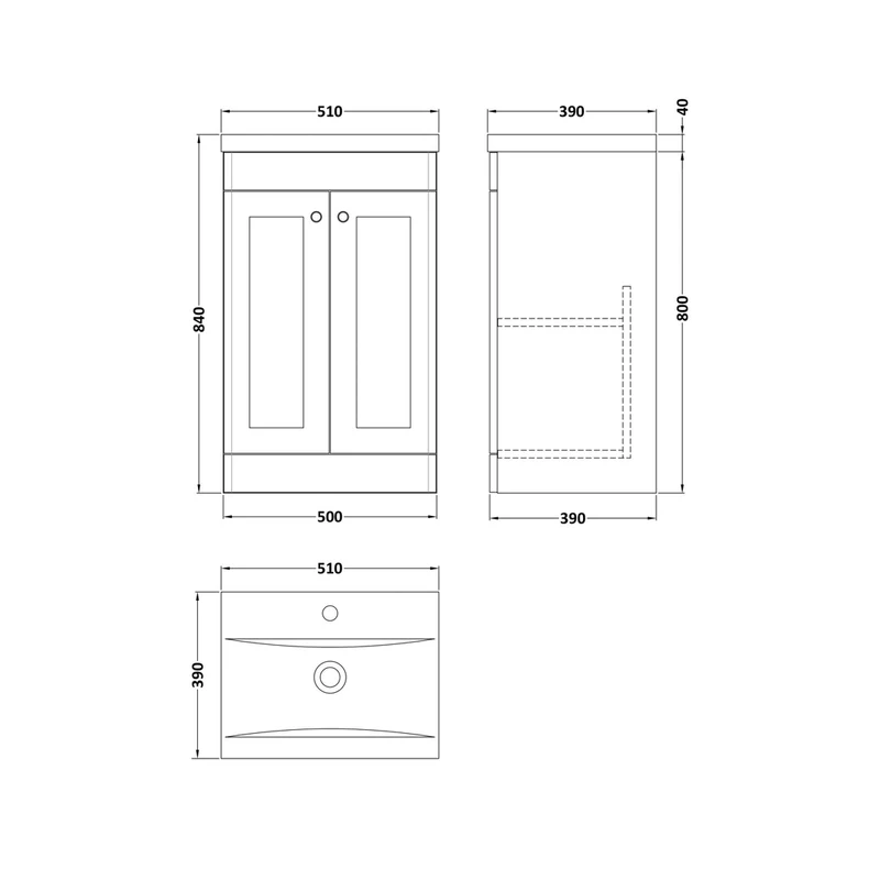 Nuie Classique 500mm Floor Standing 2 Door Vanity & Basin 1 Traditional Satin Grey MFC Painted Matt 840x510x390mm