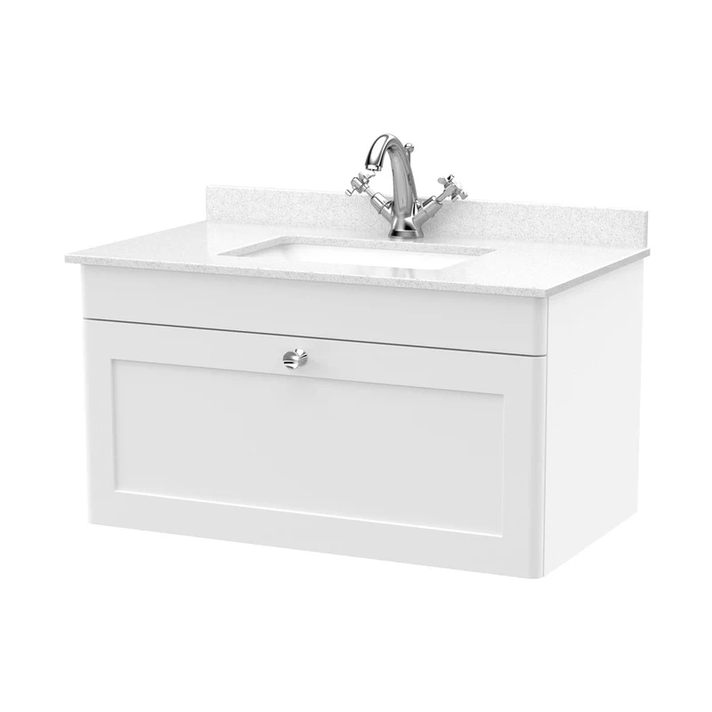 Nuie Classique 800mm Wall Hung 1 Drawer Vanity & Marble Top 1th Traditional Satin White MFC Painted Matt 445x820x463mm - CLC196WS1