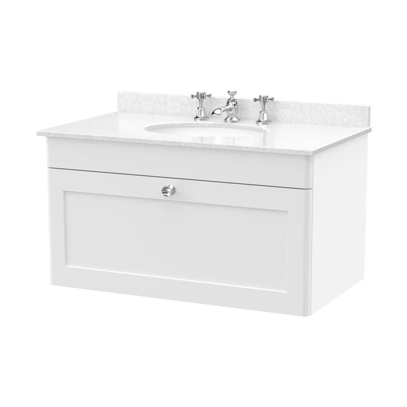 Nuie Classique 800mm Wall Hung 1 Drawer Vanity & Marble Top 3th Traditional Satin White MFC Painted Matt 445x820x463mm - CLC196WR3