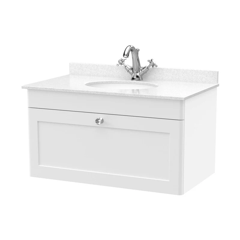 Nuie Classique 800mm Wall Hung 1 Drawer Vanity & Marble Top 1th Traditional Satin White MFC Painted Matt 445x820x463mm - CLC196WR1