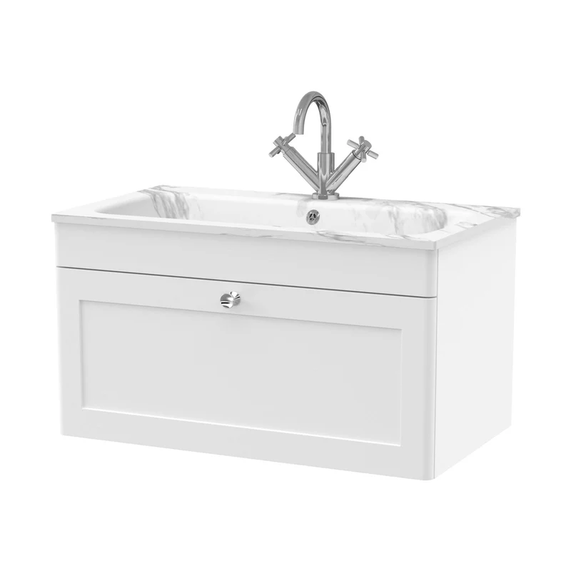 Nuie Classique 800mm Wall Hung 1-drawer Unit & Stone Basin 1th Traditional Satin White MFC Painted Matt,stone 447x805x460mm - CLC196Q