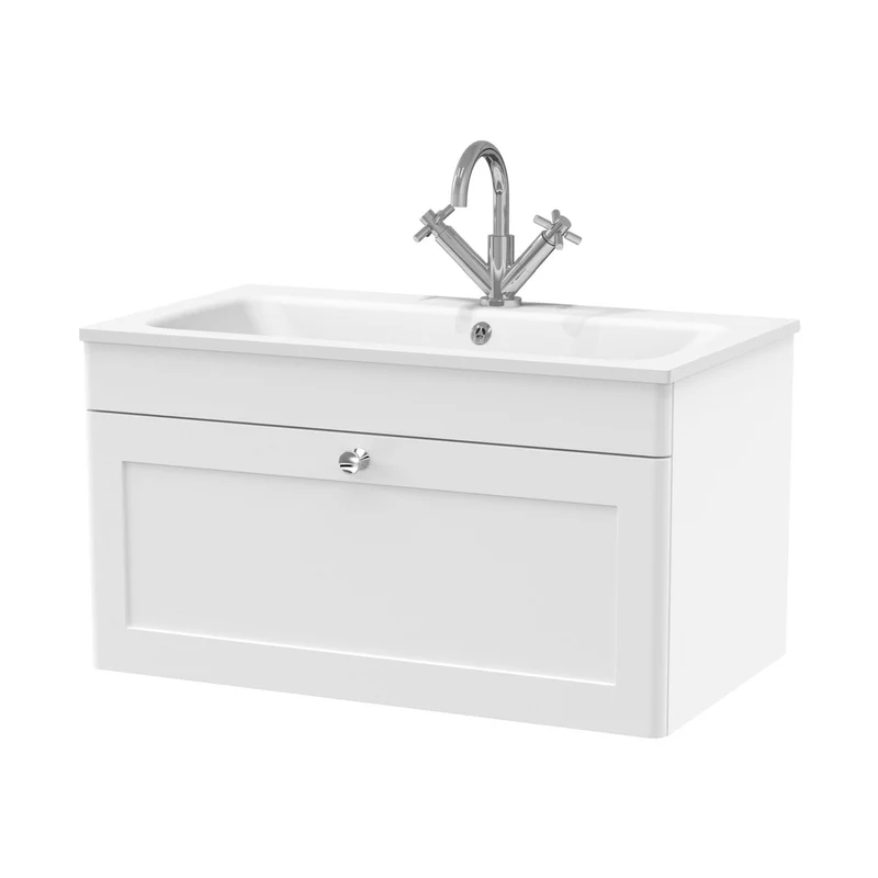 Nuie Classique 800mm Wall Hung 1-drawer Unit & Stone Basin 1th Traditional Satin White MFC Painted Matt,stone 447x805x460mm - CLC196P