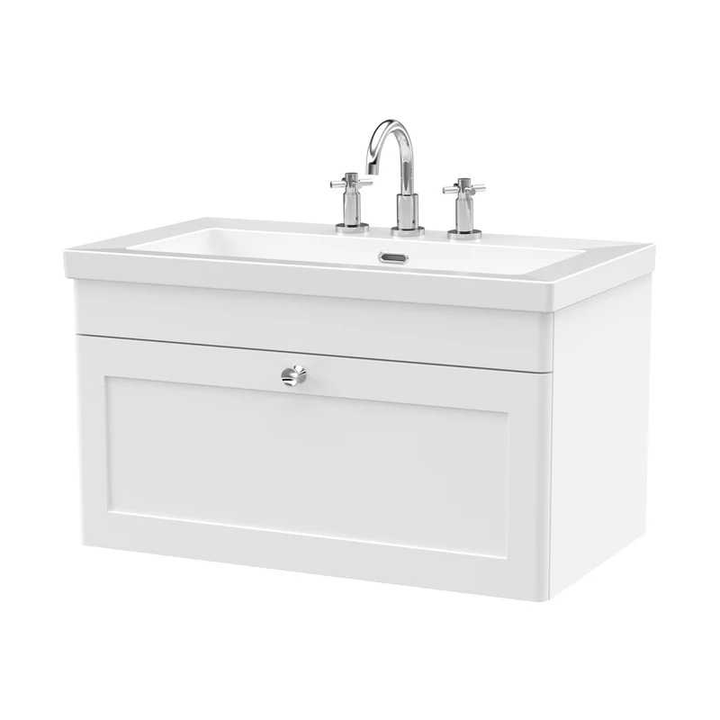 Nuie Classique 800mm Wall Hung Single Drawer Vanity With Basin - 3 Tap Hole Traditional Satin White Fireclay 476x813x462mm