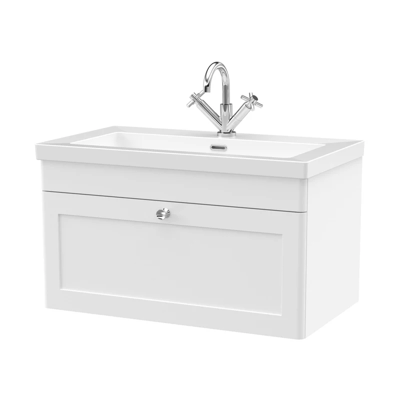 Nuie Classique 800mm Wall Hung Single Drawer Vanity With Basin - 1 Tap Hole Traditional Satin White Fireclay 476x813x462mm
