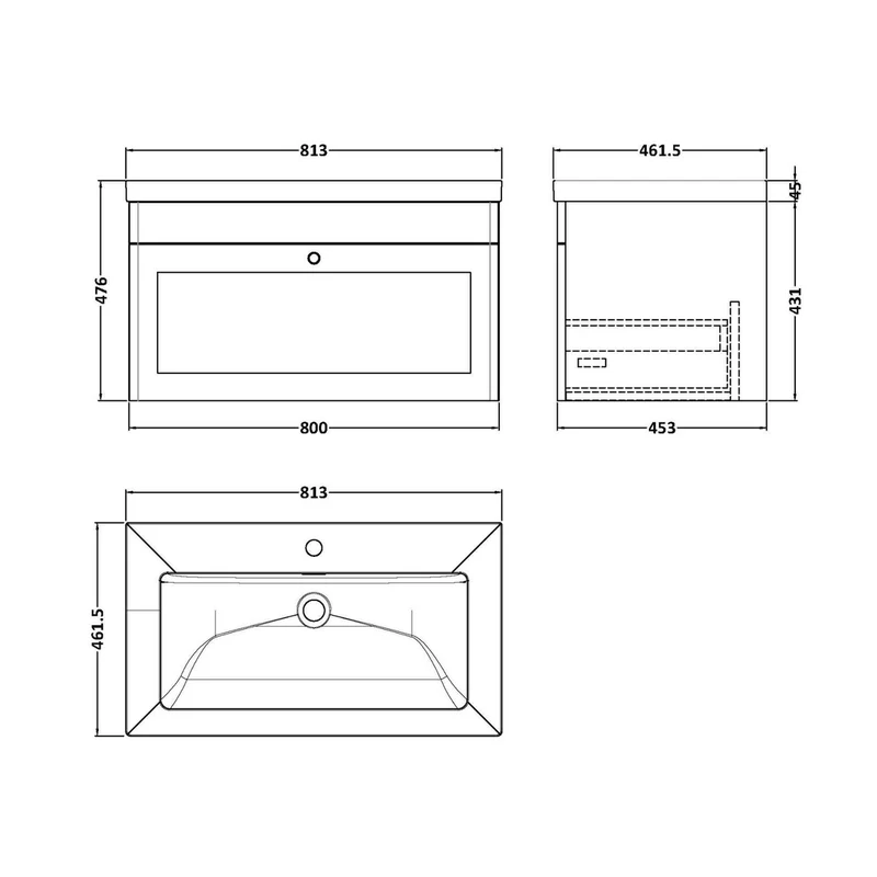 Nuie Classique 800mm Wall Hung Single Drawer Vanity With Basin - 1 Tap Hole Traditional Satin White Fireclay 476x813x462mm