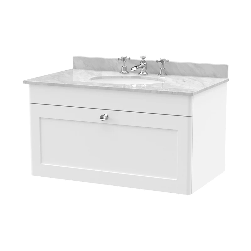 Nuie Classique 800mm Wall Hung 1 Drawer Vanity & Marble Top 3th Traditional Satin White MFC Painted Matt 445x820x463mm - CLC196GR3