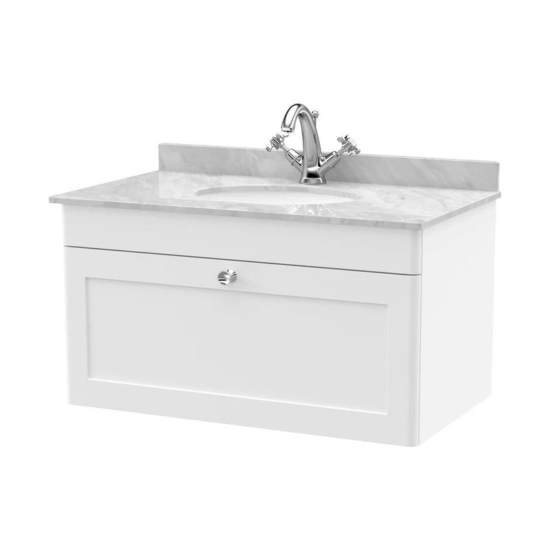 Nuie Classique 800mm Wall Hung 1 Drawer Vanity & Marble Top 1th Traditional Satin White MFC Painted Matt 445x820x463mm - CLC196GR1