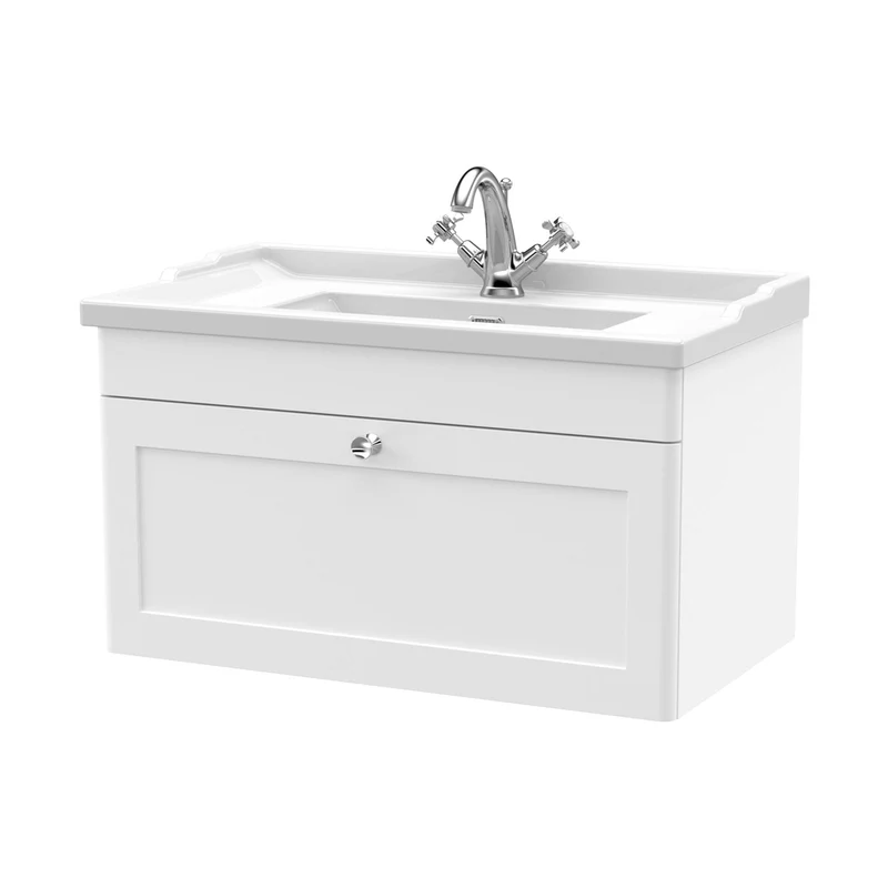 Nuie Classique 800mm Wall Hung 1 Drawer Vanity & Basin 1th Traditional Satin White MFC Painted Matt 489x820x480mm