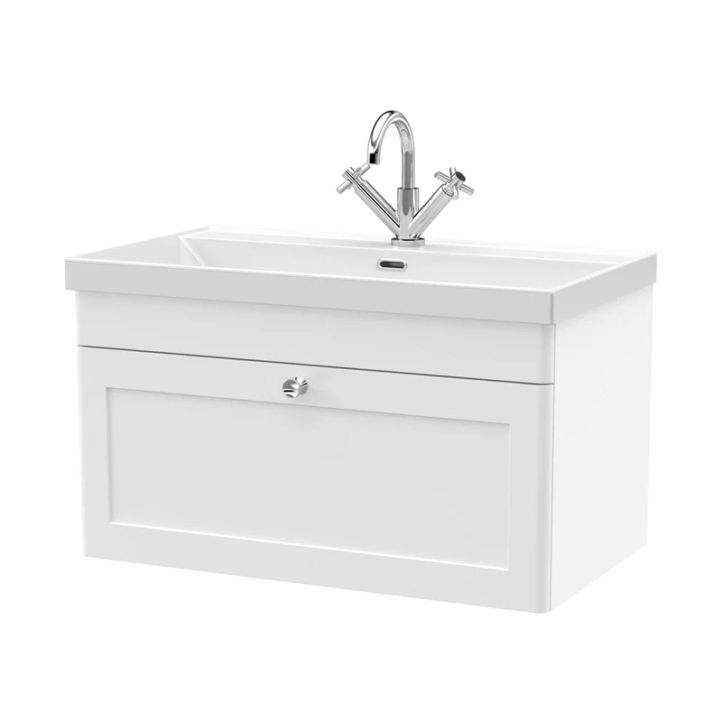 Nuie Classique 800mm Wall Hung Single Drawer Vanity With Basin - 1 Tap Hole Traditional Satin White Vitreous China 481x810x460mm